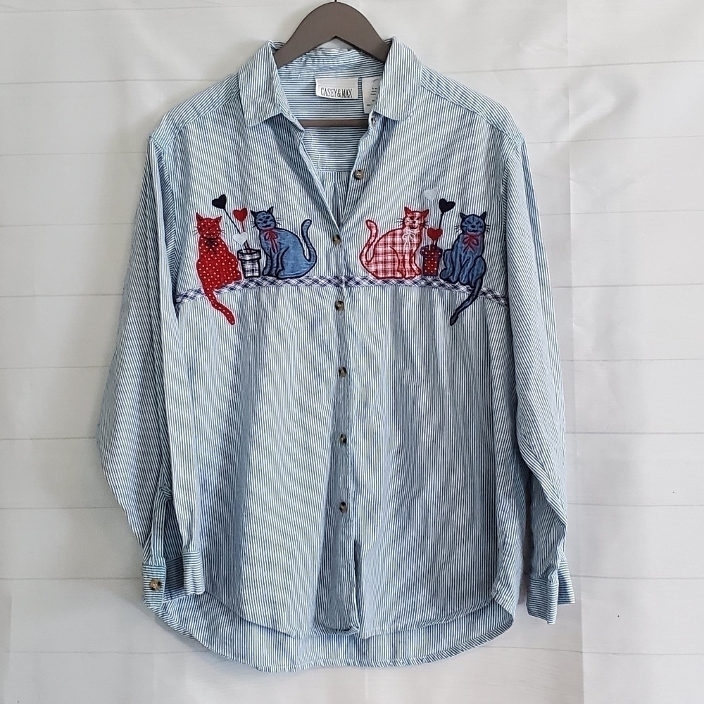 Vintage Casey & Max longsleeve striped buttonup blouse with embroidered cats